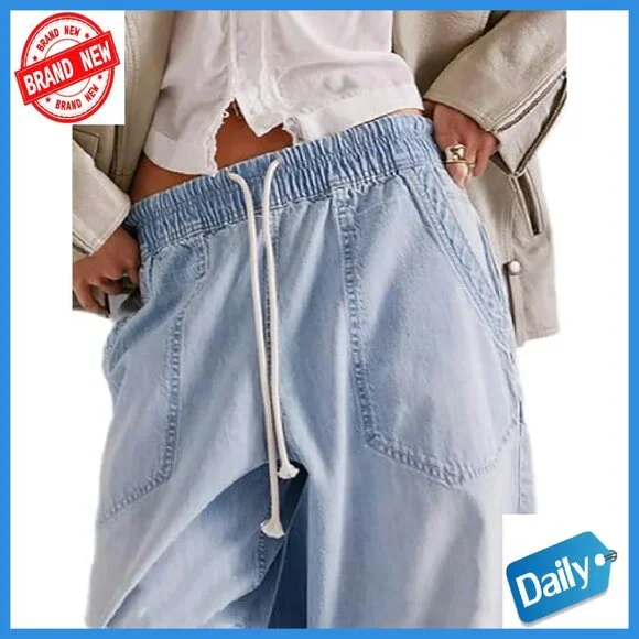 Women's Drawstring Waist Wide Leg Cropped Denim Pants Size S-XXL - Picture 5 of 5